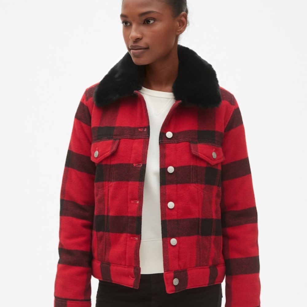 GAP flannel coat with detachable fur collar